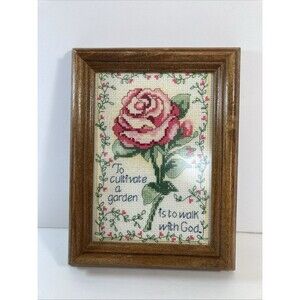 Vtg Wood Framed Cross Stitch Rose To Cultivate a Garden
